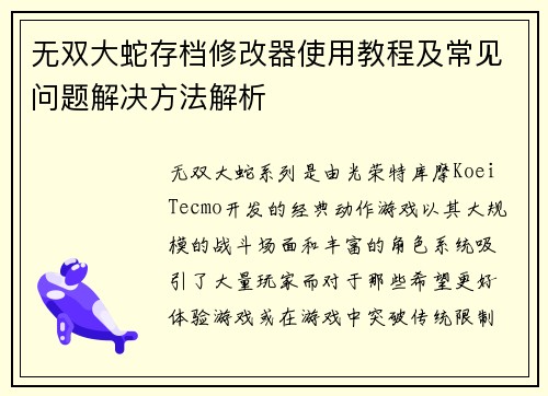 无双大蛇存档修改器使用教程及常见问题解决方法解析